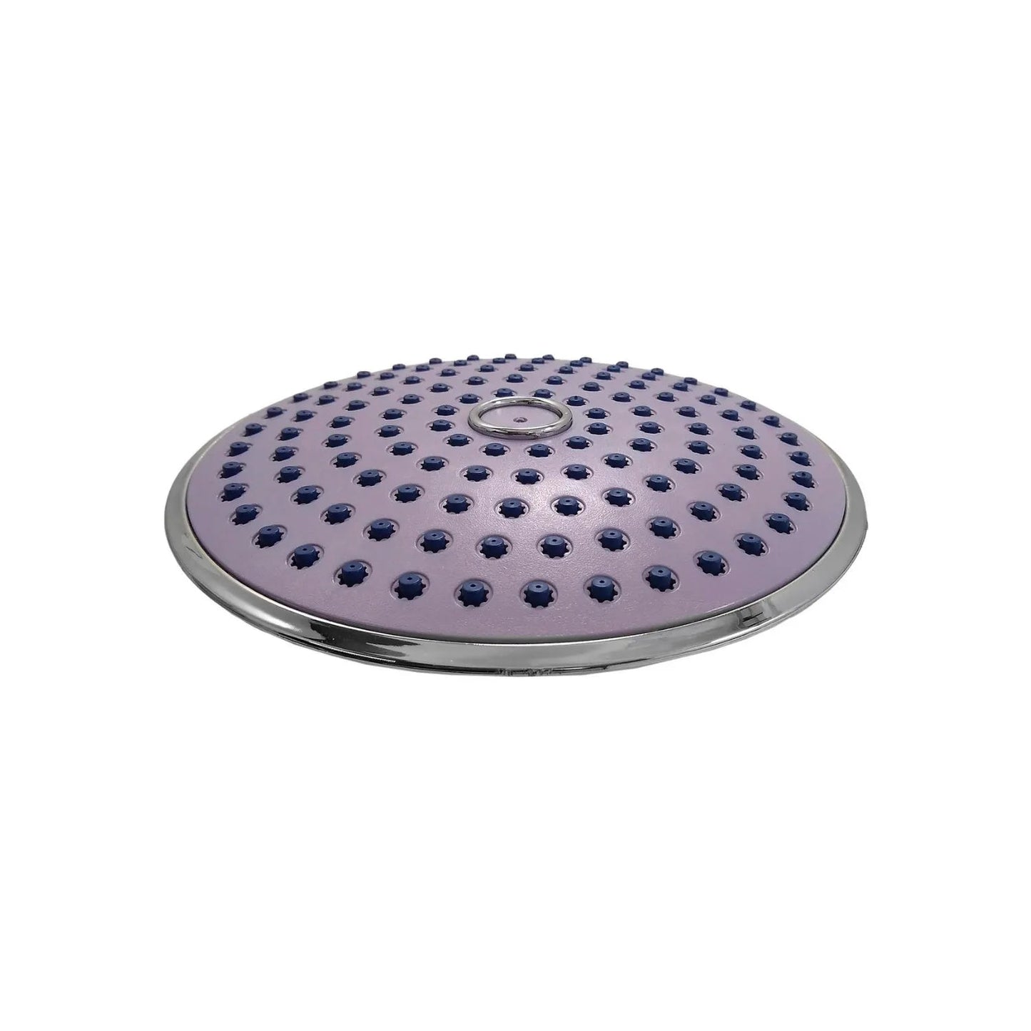 Regadera de ducha redonda 8" ABS morada con boquillas azules y aro cromado, ideal para baño moderno.