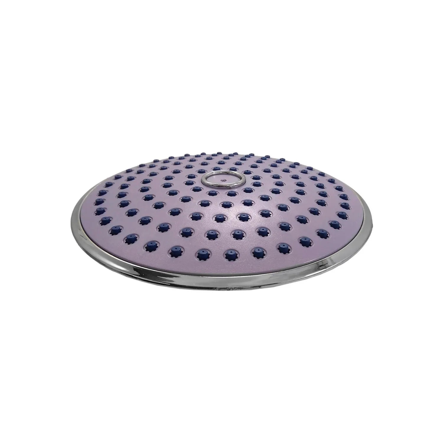 Regadera de ducha redonda 8" ABS morada con boquillas azules y aro cromado, ideal para baño moderno.