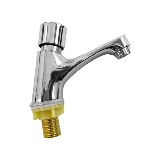 Grifo monomando de lavabo, acabado cromado brillante, con maneta superior cilíndrica y base de conexión roscada.