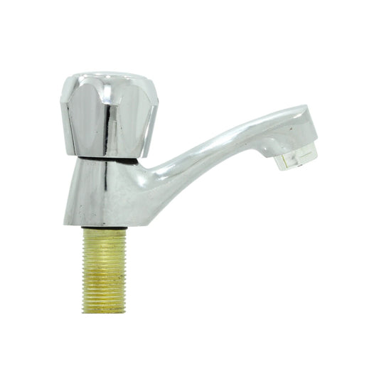 Grifo cromado para lavabo, llave individual con perilla facetada y conexión roscada de latón.