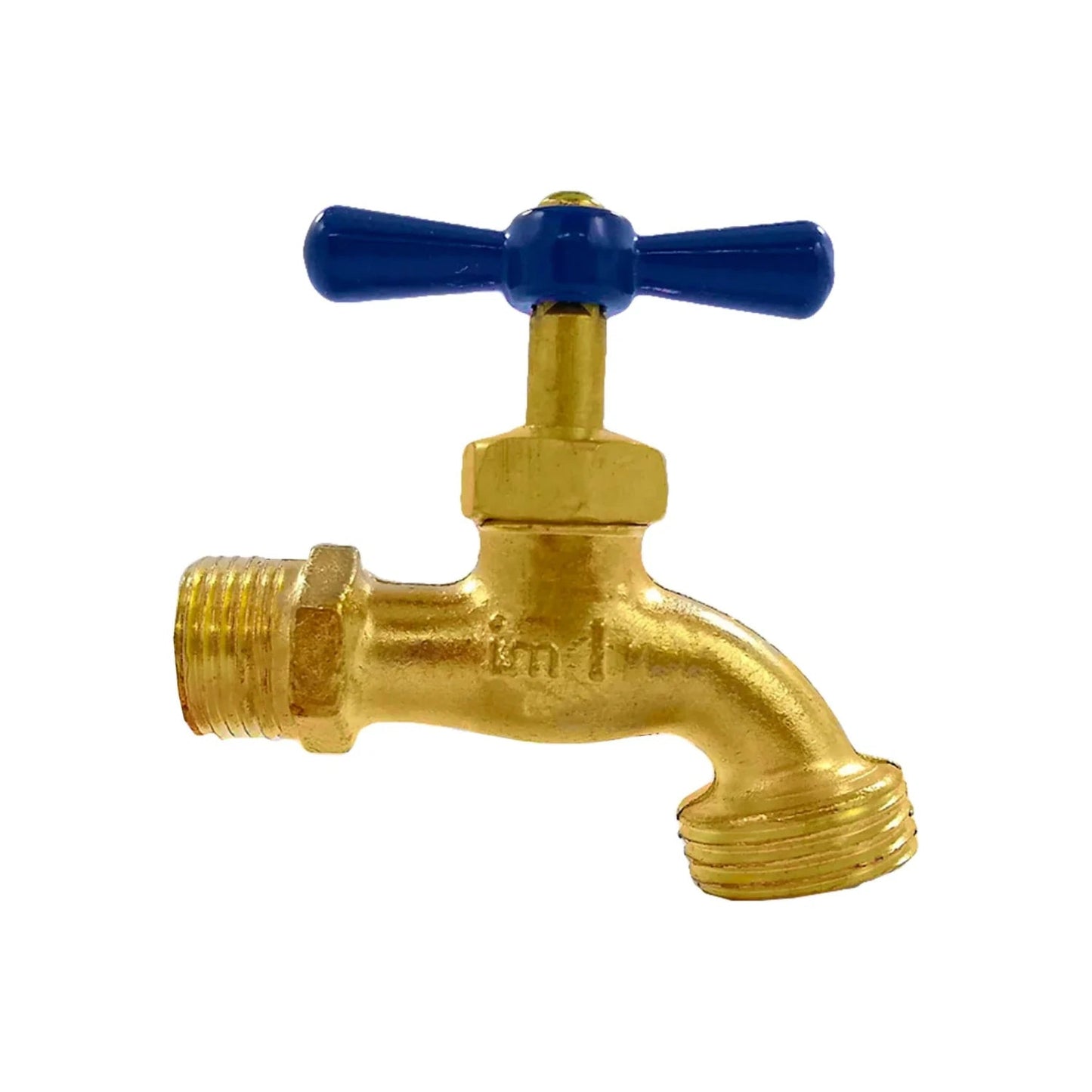 Llave de nariz de bronce 1/2" con manija azul y rosca para conexión de manguera