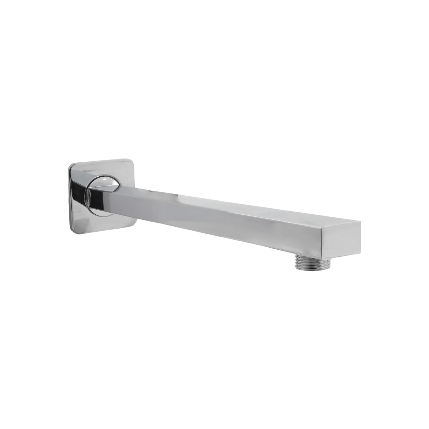 Brazo de ducha cuadrado cromado para montaje en pared con diseño moderno y acabado brillante tipo espejo.