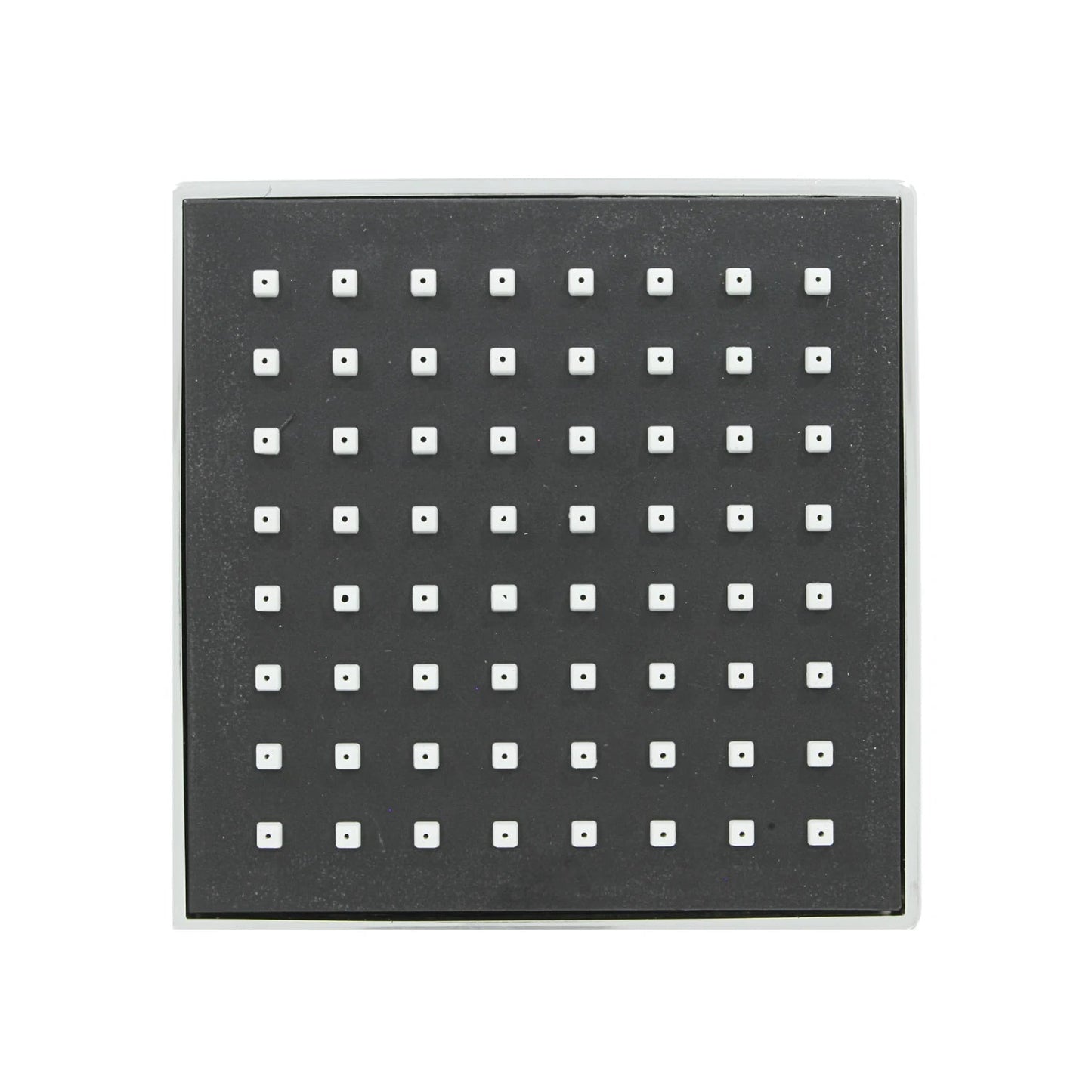 Regadera cuadrada 4" cromada, panel negro con boquillas blancas para ducha.
