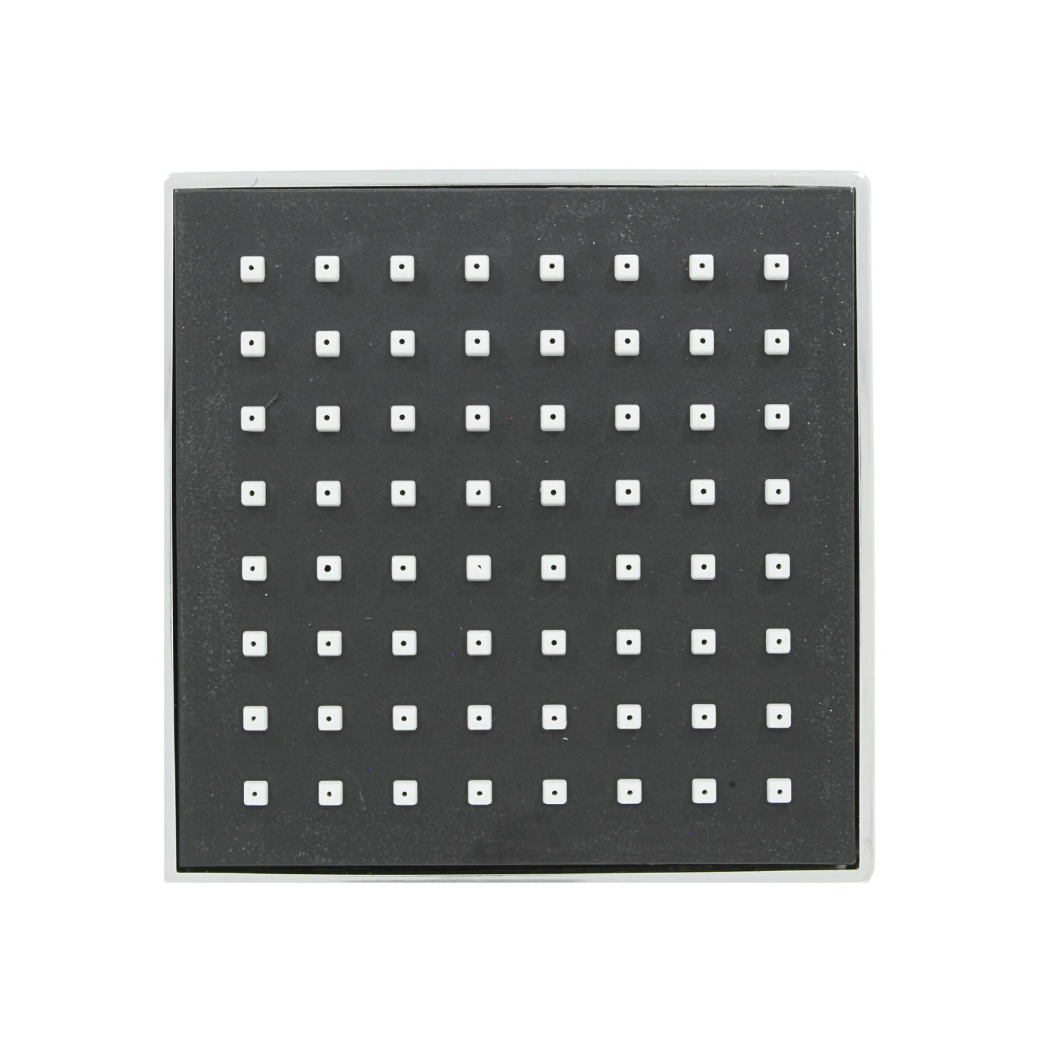 Regadera cuadrada 4" cromada, panel negro con boquillas blancas para ducha.
