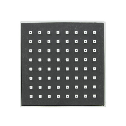 Regadera cuadrada 4" cromada, panel negro con boquillas blancas para ducha.