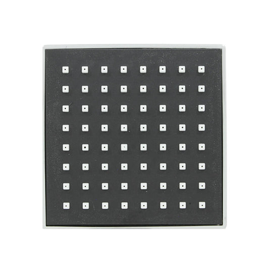 Regadera cuadrada 4" cromada, panel negro con boquillas blancas para ducha.