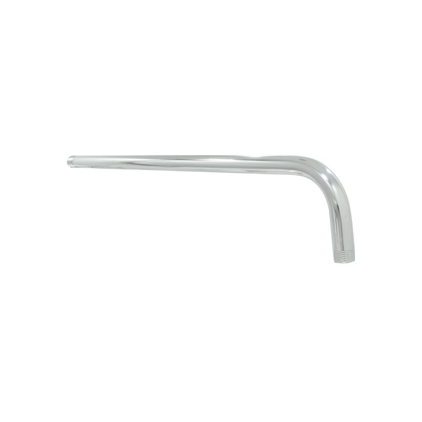 Brazo para regadera cromado brillante, diseño curvo con rosca, ideal para instalación de ducha en baño.