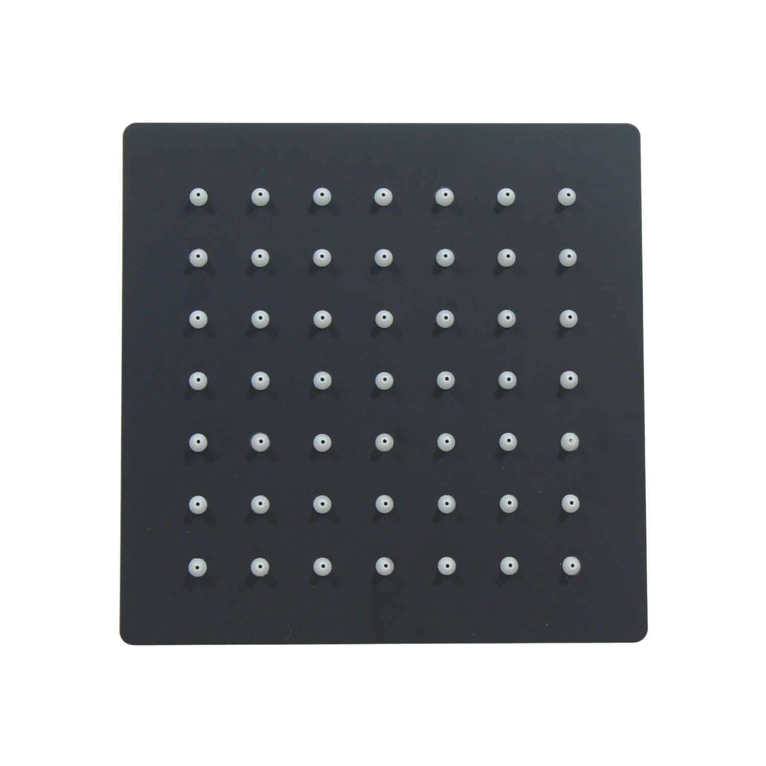 Regadera cuadrada de ducha en negro mate, acero inoxidable, con boquillas de silicona blancas y diseño moderno.