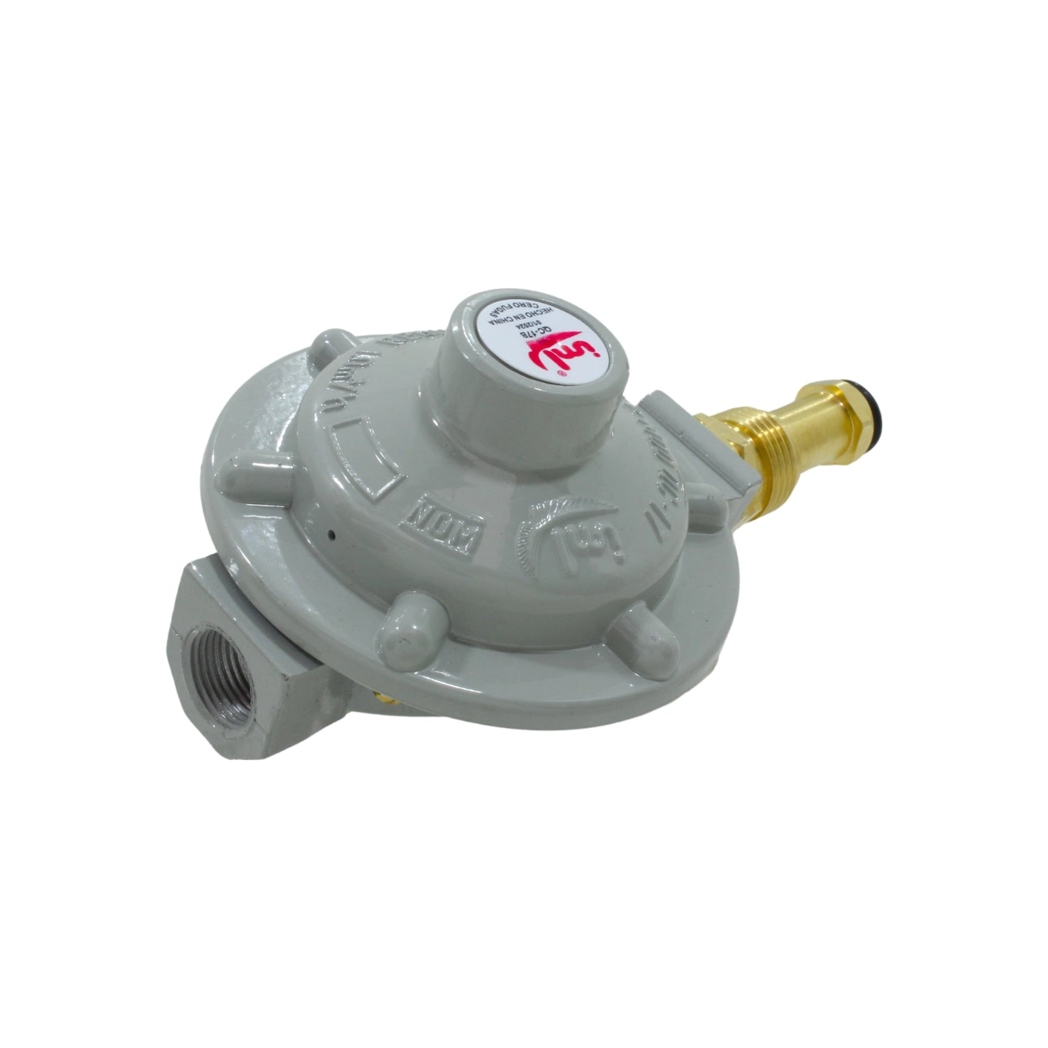 Regulador de gas LP IML QC-17B gris, con conexión punta pool. Certificado NOM, ideal para uso doméstico y seguro.