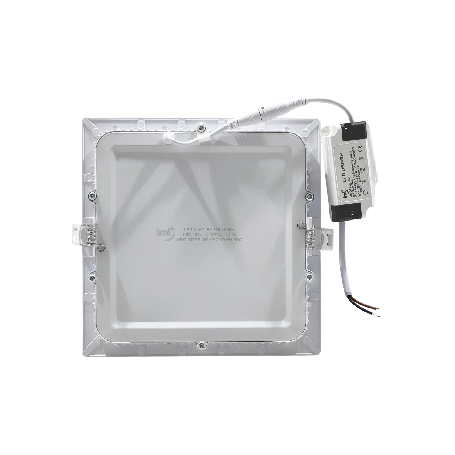 Panel LED cuadrado empotrable iml de 15W blanco con driver conectado, para iluminación interior eficiente.