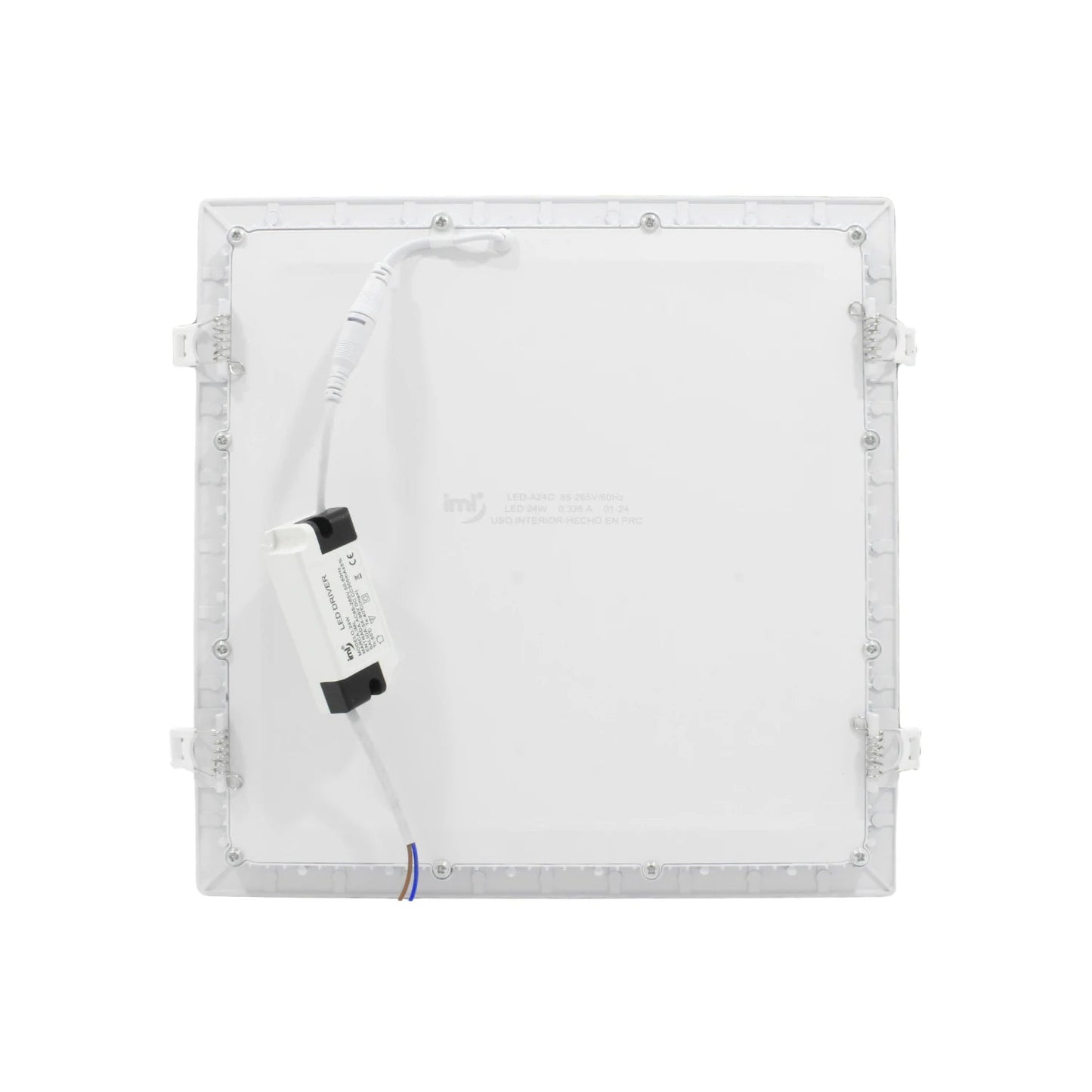 Lámpara panel LED IML empotrable 24W cuadrada, color blanco, vista trasera con driver.