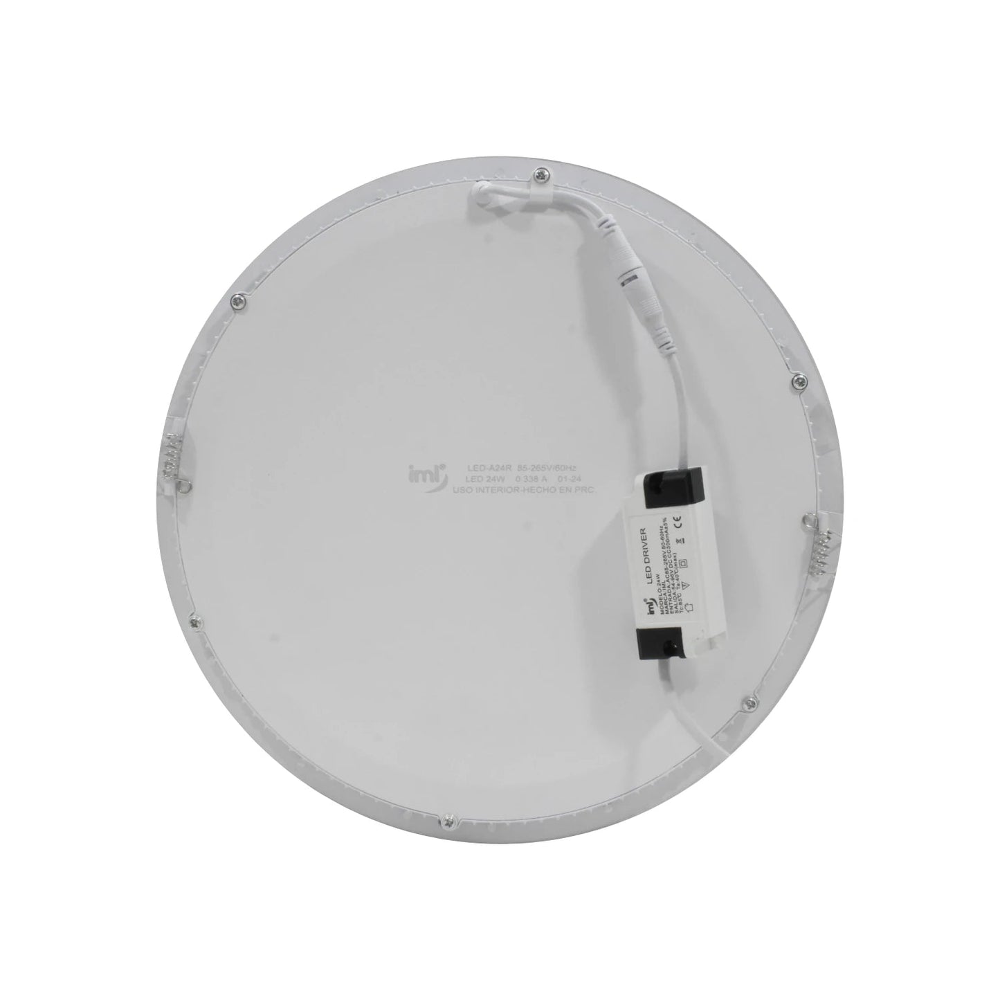 Panel LED IML redondo 24W empotrable, vista trasera blanca con driver y cableado para instalación interior
