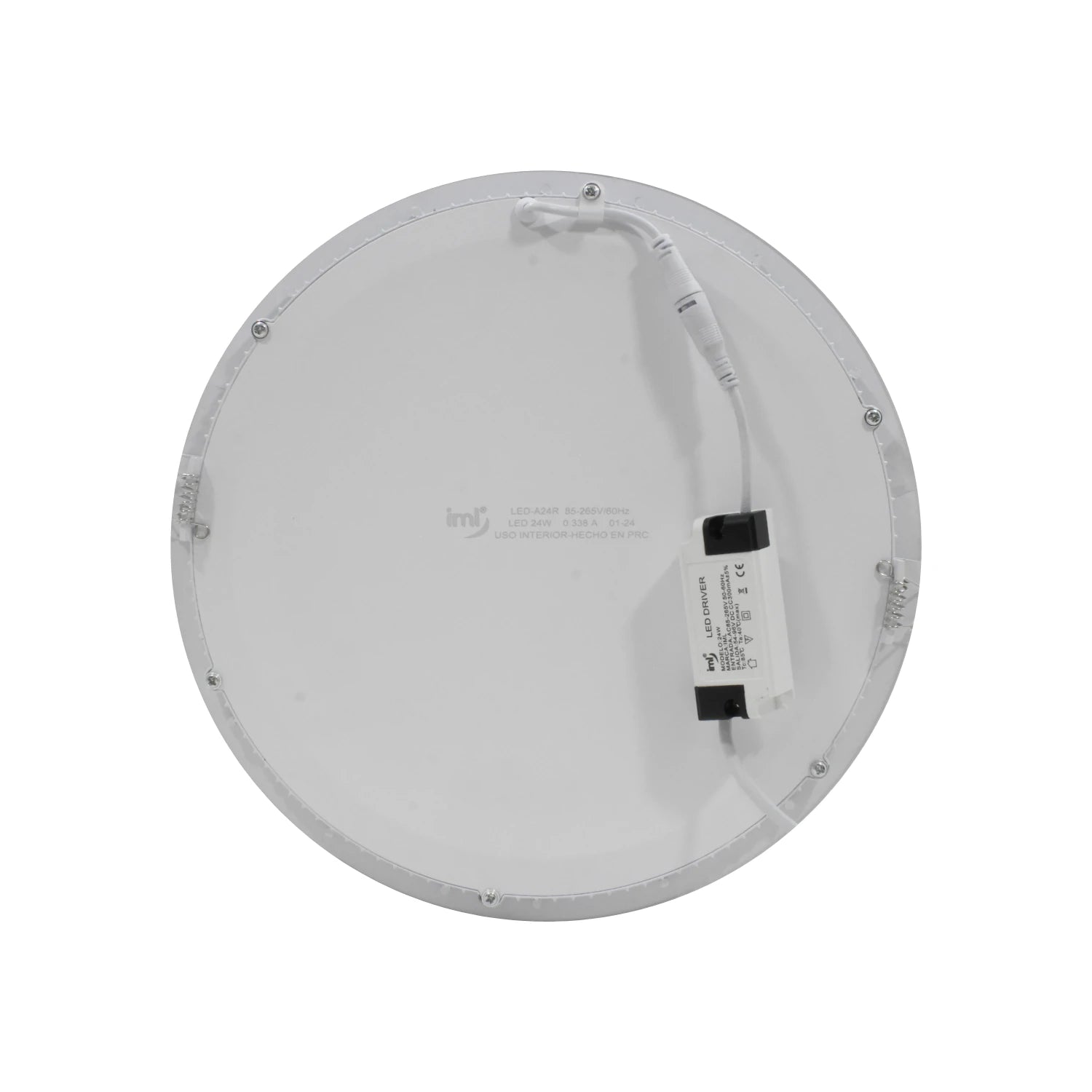Panel LED IML redondo 24W empotrable, vista trasera blanca con driver y cableado para instalación interior