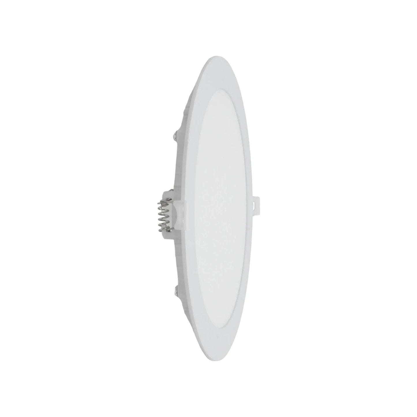 Lámpara panel LED redondo blanco empotrable con clips de sujeción para techo.
