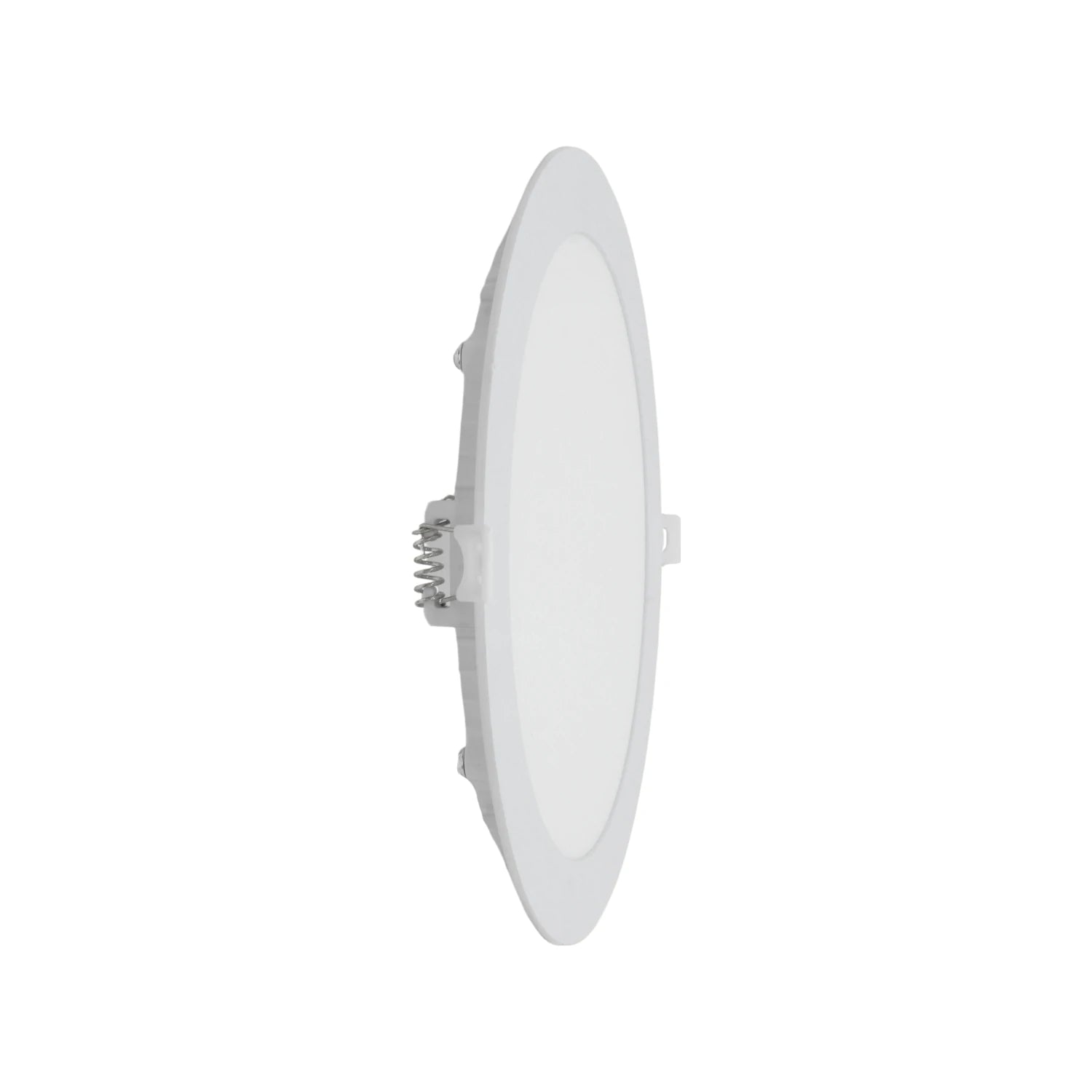 Lámpara panel LED redondo blanco empotrable con clips de sujeción para techo.