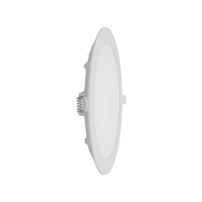 Lámpara panel LED redondo blanco empotrable con clips de sujeción para techo.
