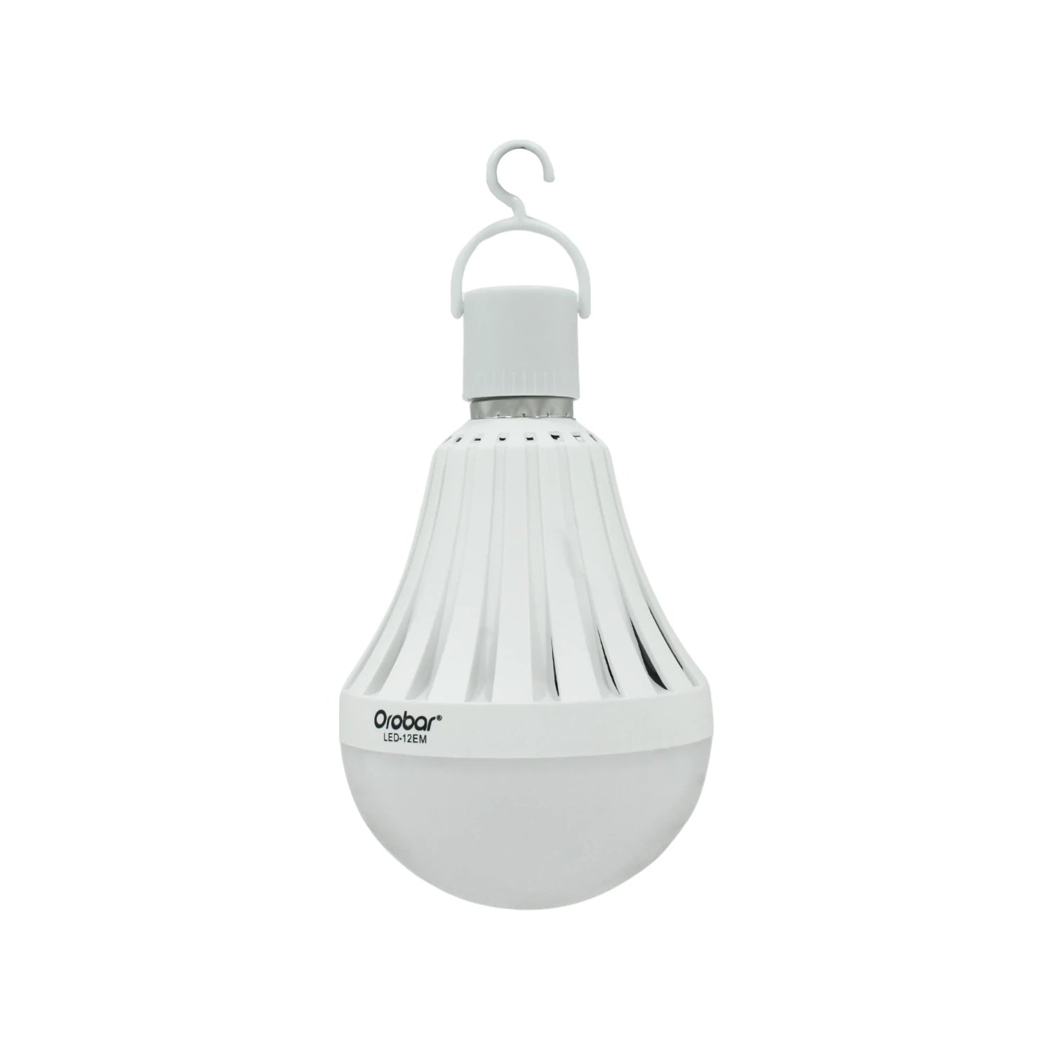 Foco LED recargable de emergencia tipo bulbo Orobar blanco con gancho, luz portátil para cortes de energía.