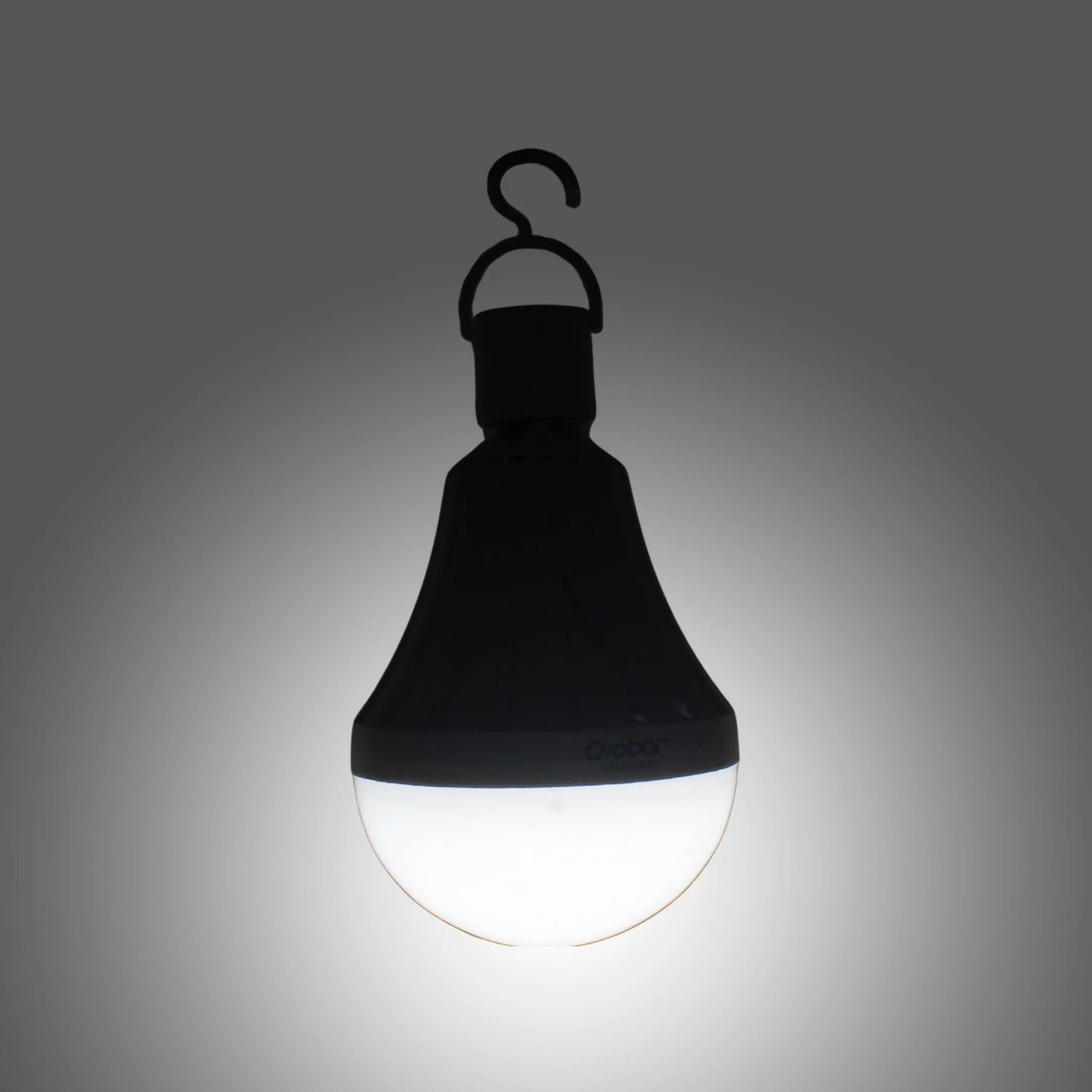 Lámpara bulbo LED recargable negra Orobar con gancho, luz blanca brillante de emergencia portátil.