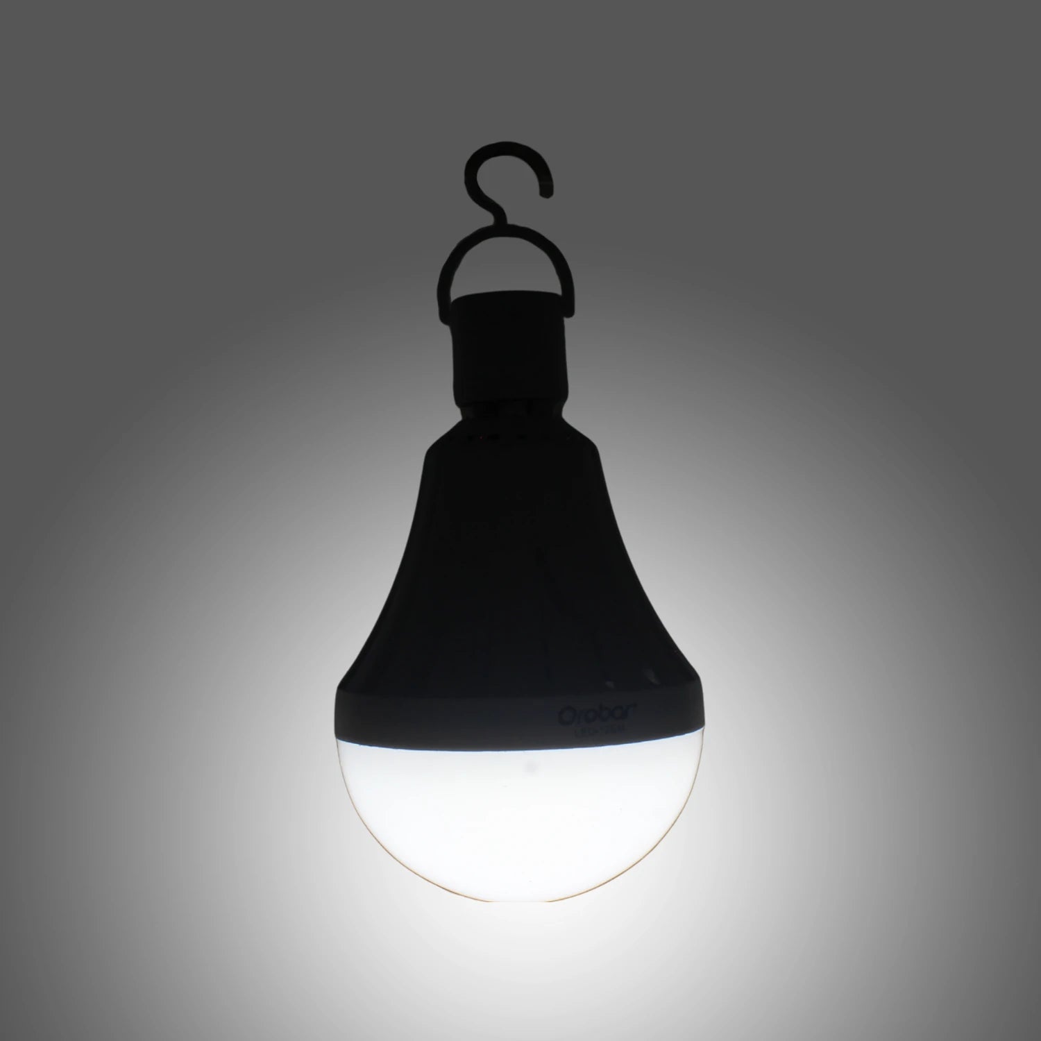 Lámpara bulbo LED recargable negra Orobar con gancho, luz blanca brillante de emergencia portátil.