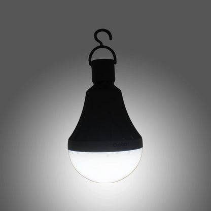 Lámpara bulbo LED recargable negra Orobar con gancho, luz blanca brillante de emergencia portátil.