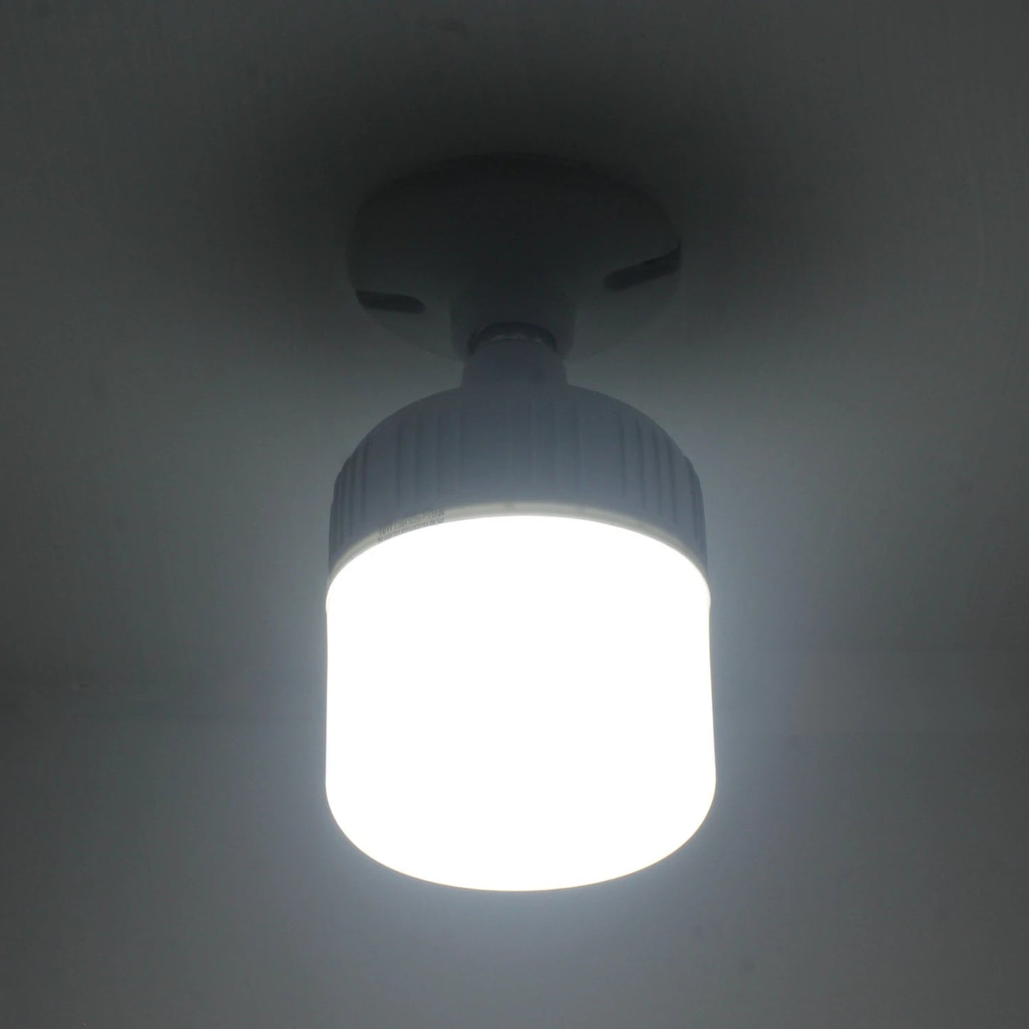 Lámpara LED de emergencia recargable tipo bulbo encendida, montada en techo, luz blanca brillante