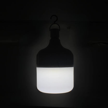 Lámpara LED recargable de emergencia con gancho, luz blanca potente, ideal para campamento y cortes de energía.