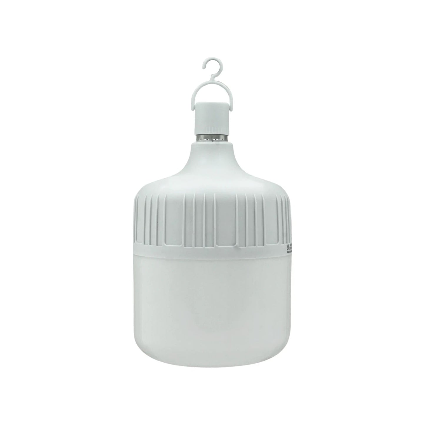 Lámpara LED de emergencia recargable blanca con gancho, tipo bulbo, ideal para cortes de luz.