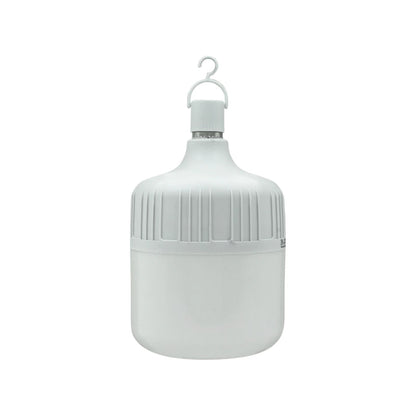 Lámpara LED de emergencia recargable blanca con gancho, tipo bulbo, ideal para cortes de luz.