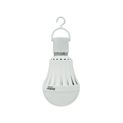 Lámpara LED recargable de emergencia Orobar blanca tipo bulbo con gancho para colgar, modelo LED-7EM.