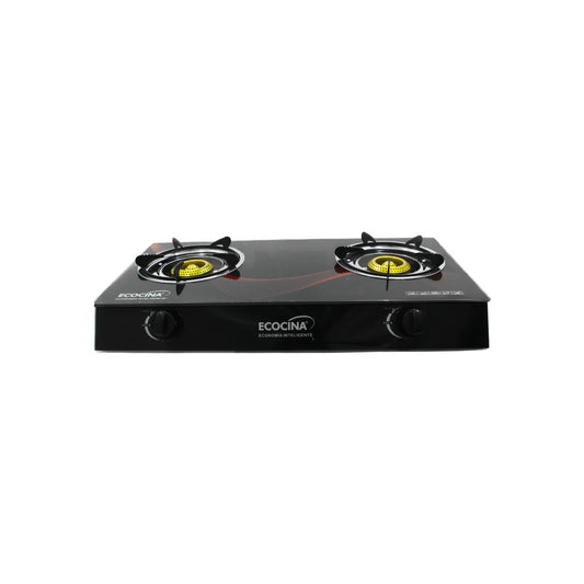 Cocina de gas de mesa Ecocina 2 quemadores con panel de vidrio templado negro y quemadores de bronce resistente