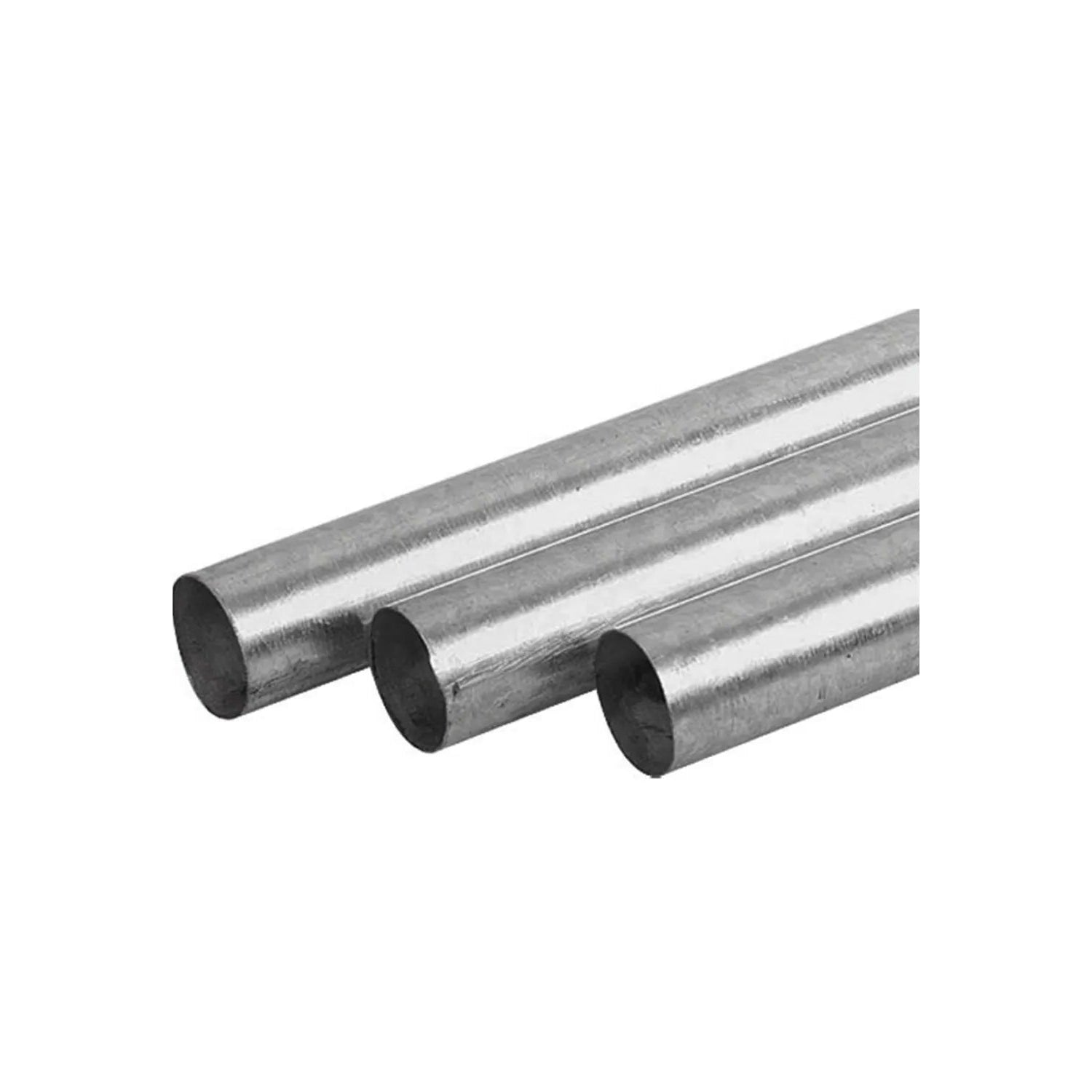 Tubos de acero galvanizado redondos, acabado gris. Ideales para postes o estructuras metálicas.