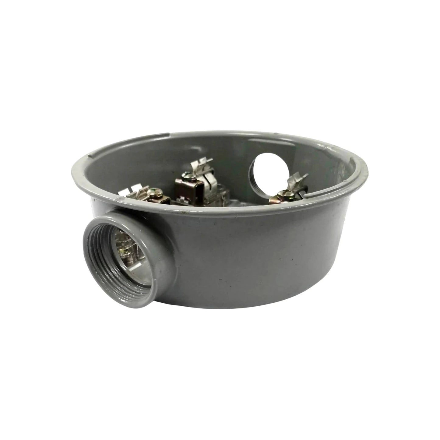 Base de medidor eléctrica redonda color gris con entrada de conduit roscada y sujetadores internos para cables