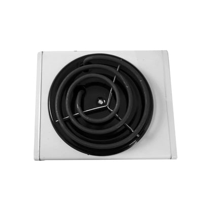 Parrilla eléctrica de 1 quemador blanca con elemento calefactor en espiral negro, ideal para cocina portátil.