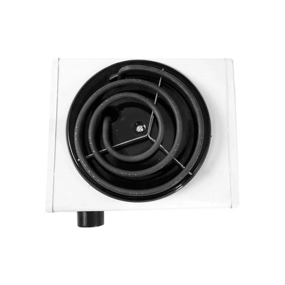 Parrilla eléctrica portátil blanca de 1 quemador con resistencia espiral negra y perilla de control.