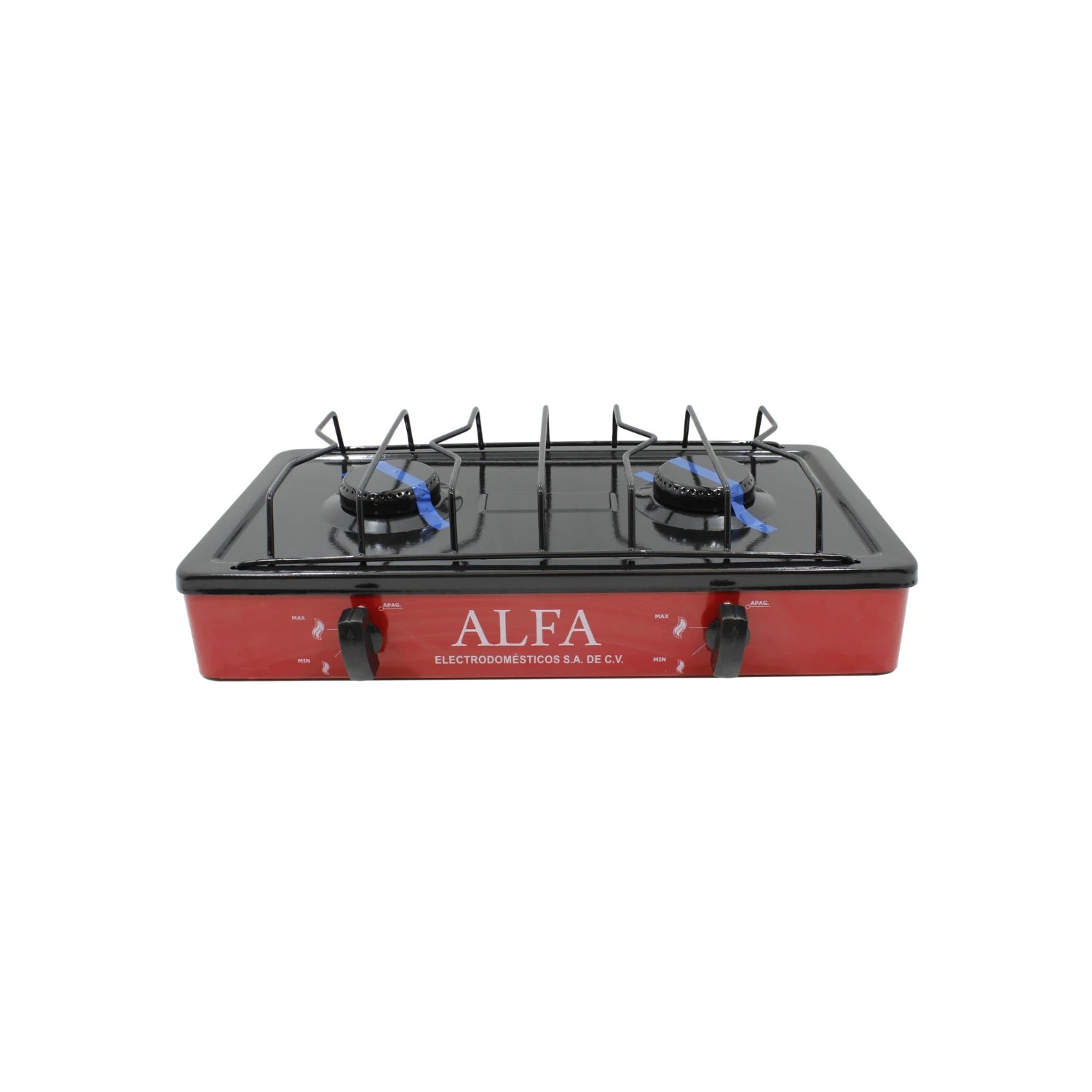 Estufa de gas Alfa de 2 quemadores, diseño compacto rojo y negro, ideal para uso portátil en camping o cocinas pequeñas.