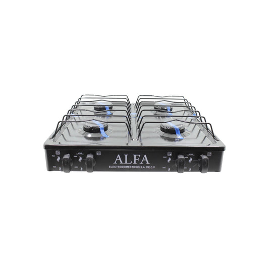 Estufa de gas ALFA 4 quemadores, portátil, color negro, con perillas de control MAX/MIN