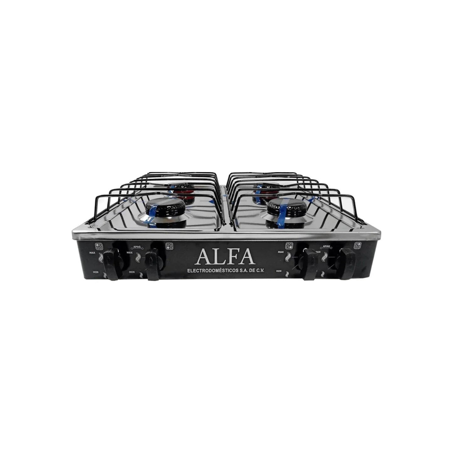 Estufa a gas Alfa 4 quemadores portátil, cubierta de acero inoxidable brillante