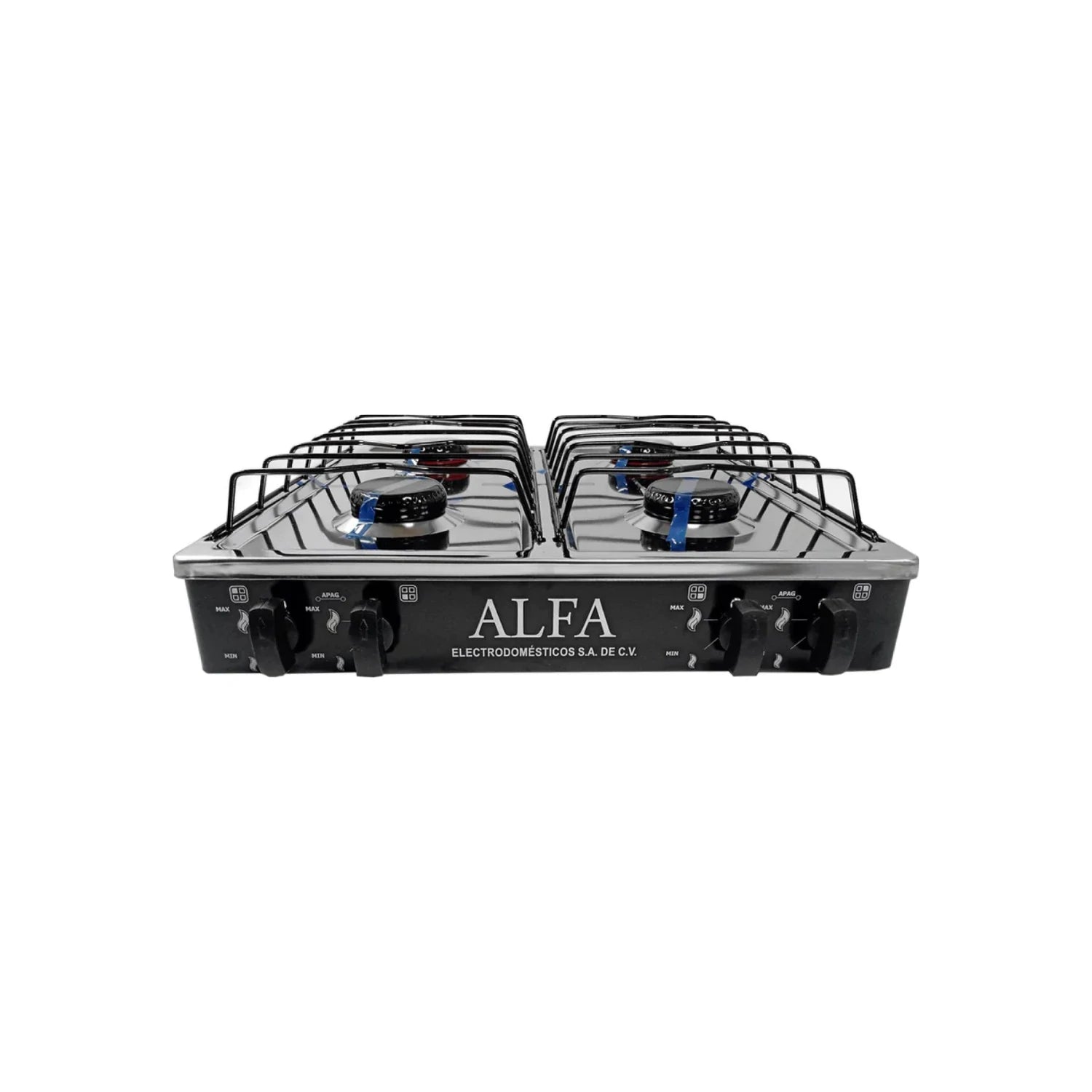 Estufa a gas Alfa 4 quemadores portátil, cubierta de acero inoxidable brillante