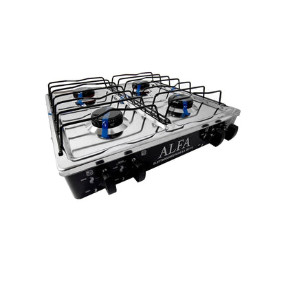 Estufa de gas Alfa con 4 quemadores, cubierta de acero inoxidable, parrillas y perillas negras.