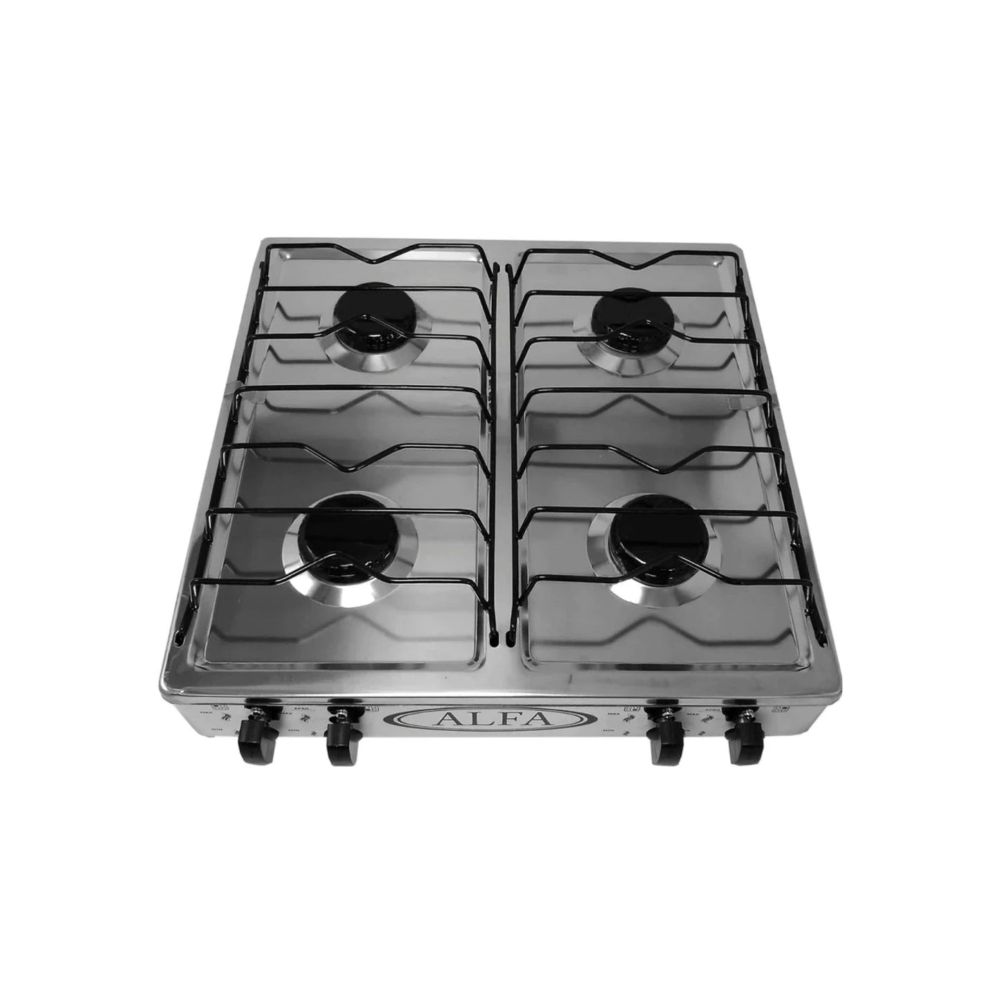 Estufa a gas Alfa 4 quemadores, acero inoxidable con parrillas de metal negro y controles frontales.