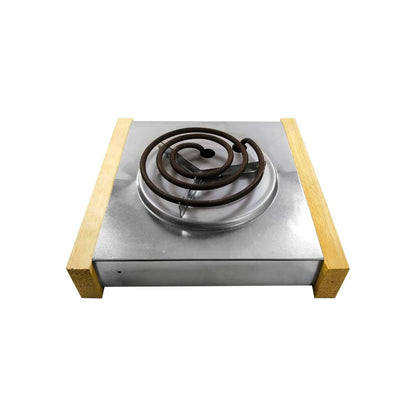 Parrilla eléctrica 1 quemador espiral, cuerpo de metal plateado y base de madera. Ideal para cocinas pequeñas.