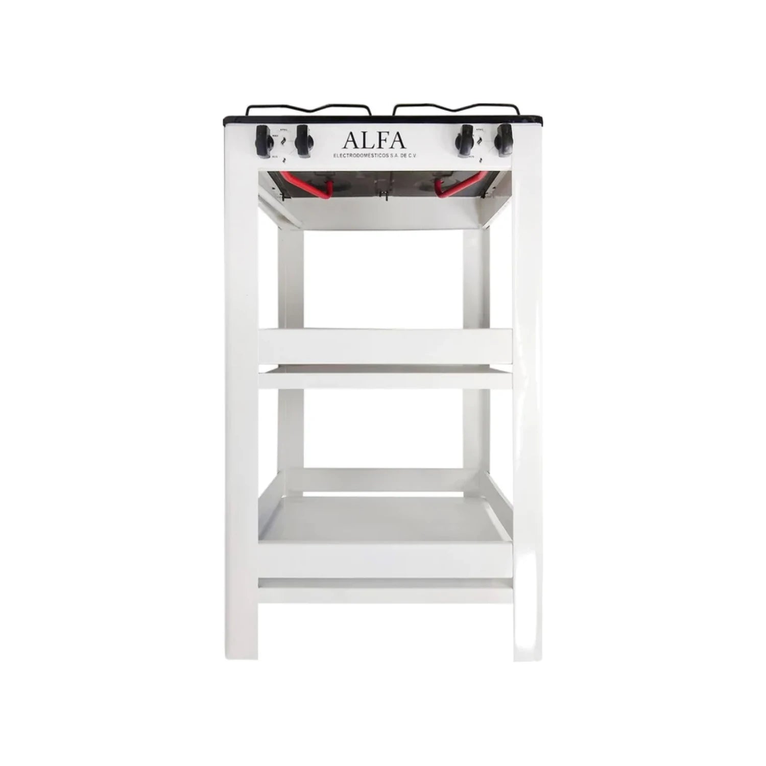 Estufa ALFA blanca de 4 quemadores con soporte y 2 estantes inferiores para almacenamiento de cocina.