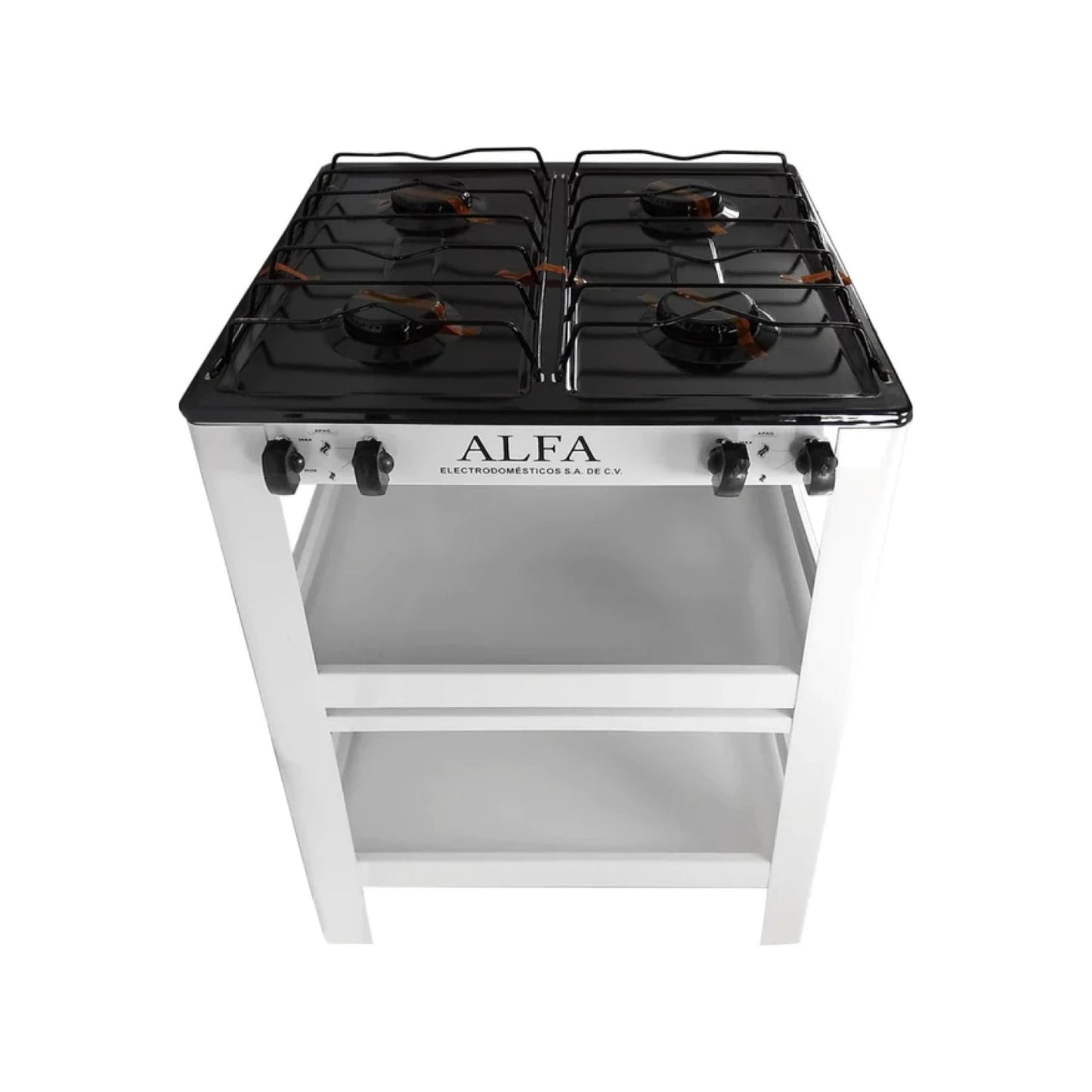 Estufa Alfa de 4 quemadores a gas, cubierta negra y gabinete base blanco con dos estantes de almacenamiento.