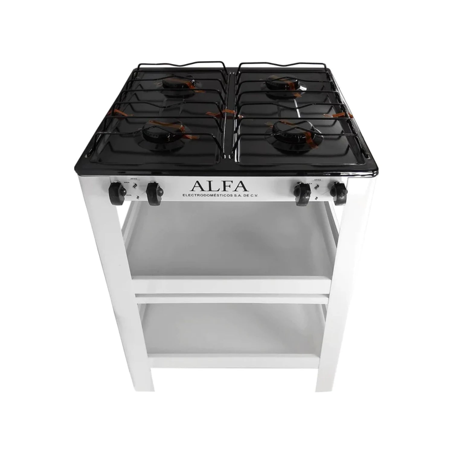 Estufa Alfa de 4 quemadores a gas, cubierta negra y gabinete base blanco con dos estantes de almacenamiento.