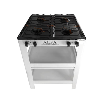 Estufa Alfa de 4 quemadores a gas, cubierta negra y gabinete base blanco con dos estantes de almacenamiento.