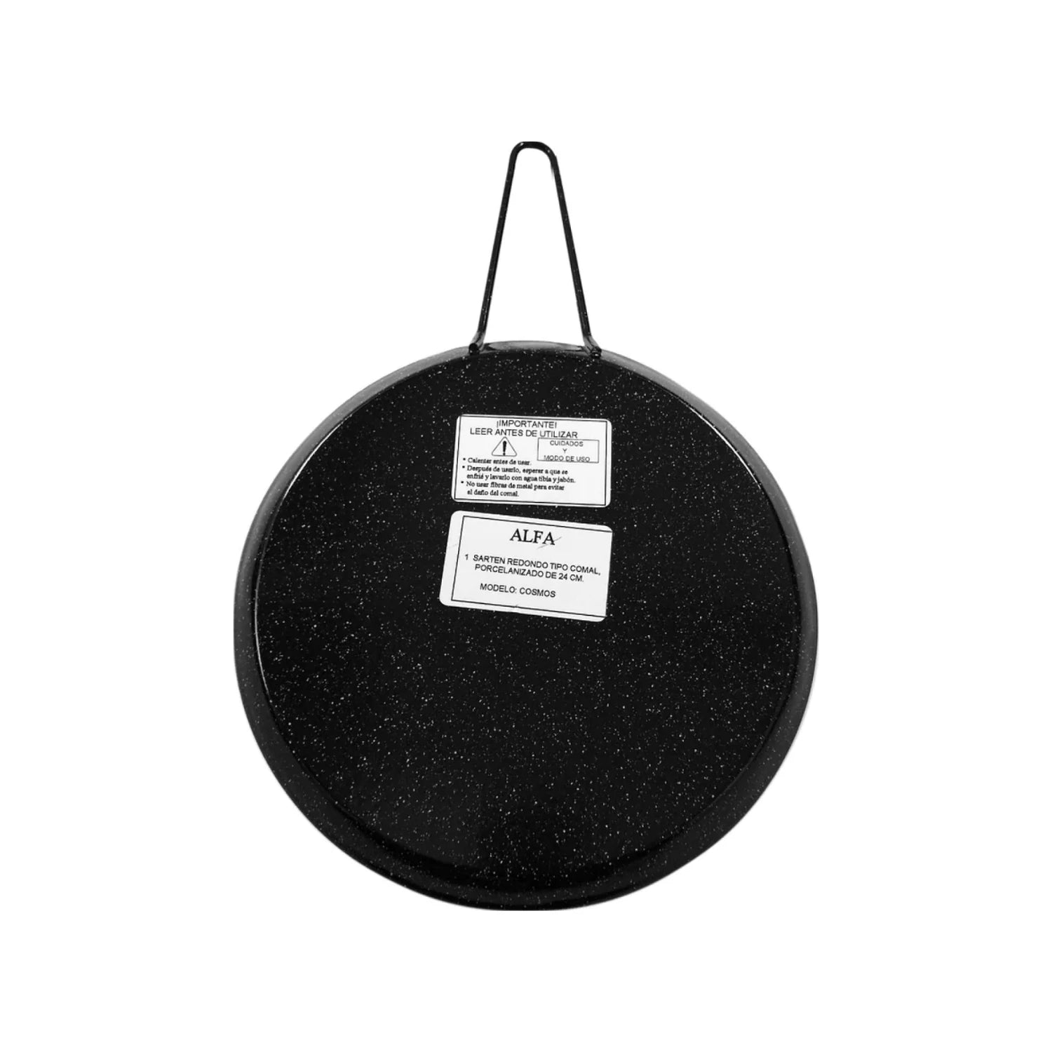 Comal redondo Alfa de acero porcelanizado negro 24cm, ideal para calentar tortillas y alimentos.