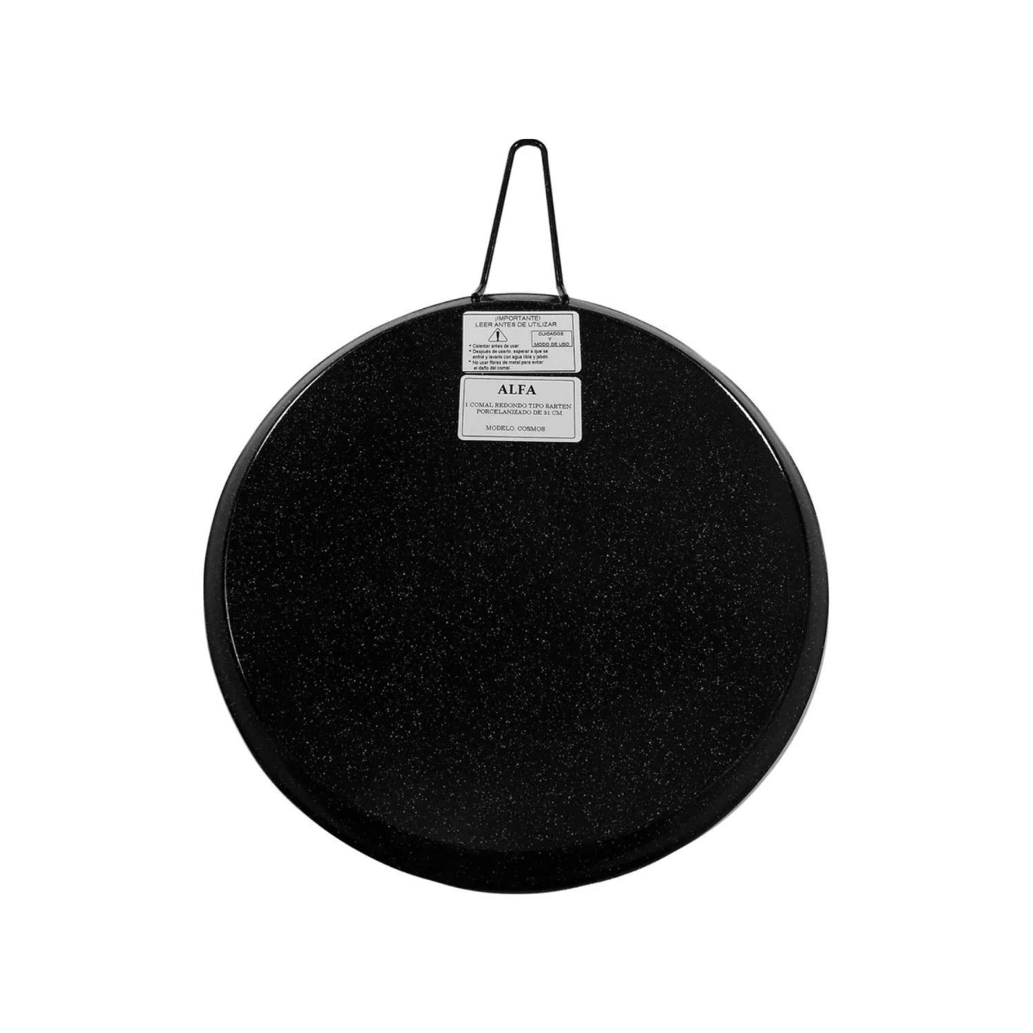 Comal redondo Alfa de acero porcelanizado negro 31 cm, tipo sartén, con asa para colgar