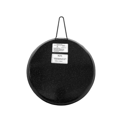 Comal redondo Alfa de acero porcelanizado negro salpicado, 27 cm, con mango de alambre