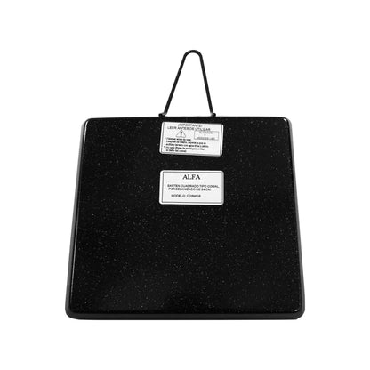 Comal cuadrado Alfa porcelanizado negro 24 cm con asa, ideal para tortillas y calentar alimentos.