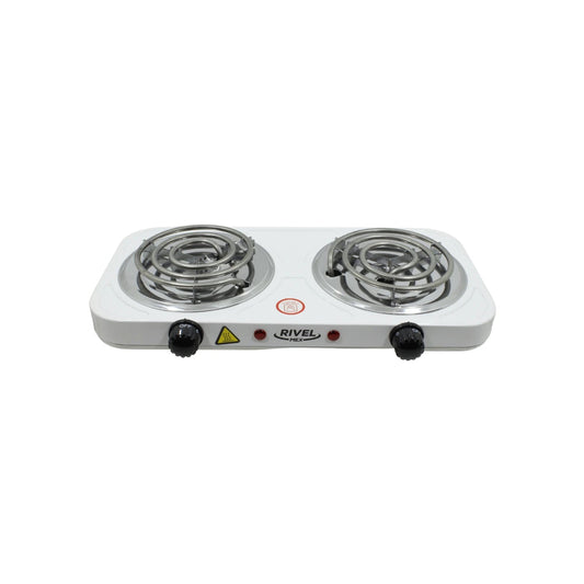 Parrilla eléctrica Rivelmex blanca de 2 quemadores, estufa portátil doble para cocinar